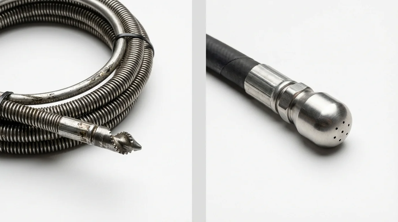 Drain snake cable and hydro jetting nozzle used for drain cleaning in San Marcos, TX
