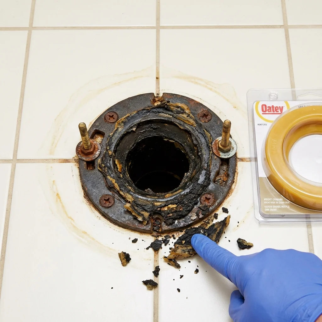 Failed wax ring showing water seepage at the base of a toilet in a San Marcos, TX home