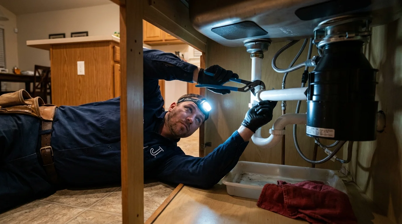 P-trap and supply line connections under a kitchen sink showing a common leak point in San Marcos, TX